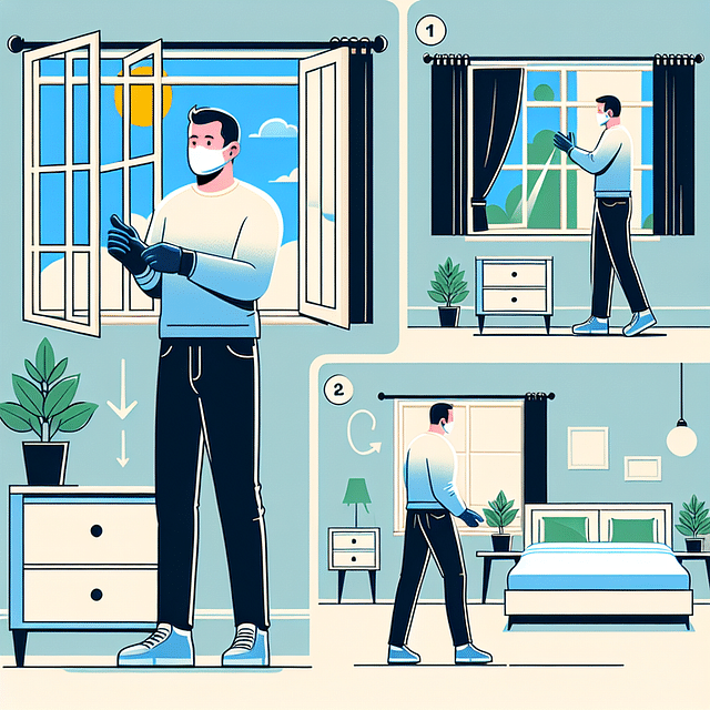 person wearing gloves opening a window in a bedroom