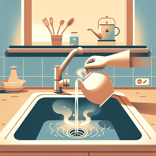 boiling water being poured down kitchen sink drain