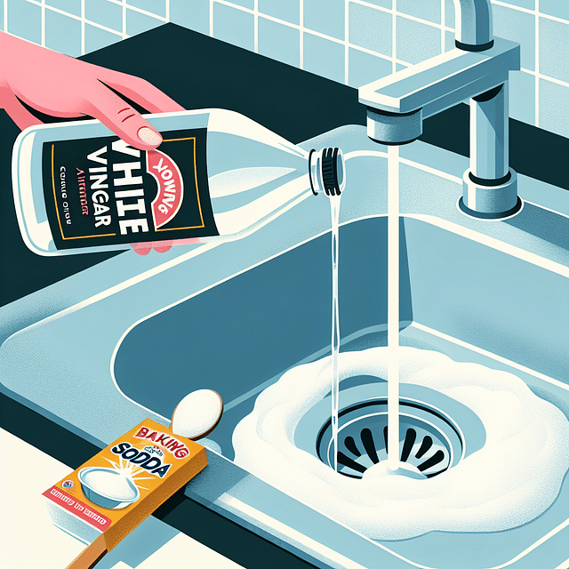 white vinegar being poured onto baking soda in a sink drain, causing fizz