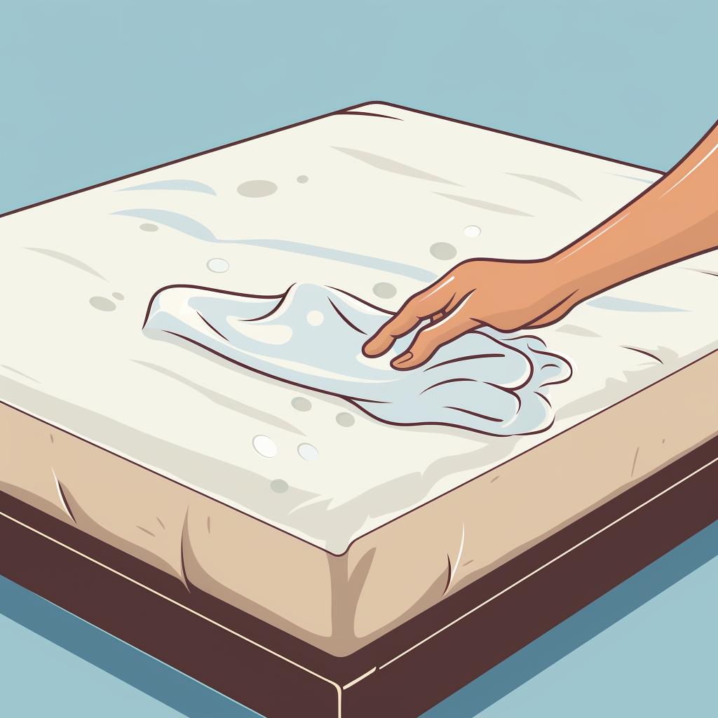 A hand using a clean towel to blot the treated area on the mattress.