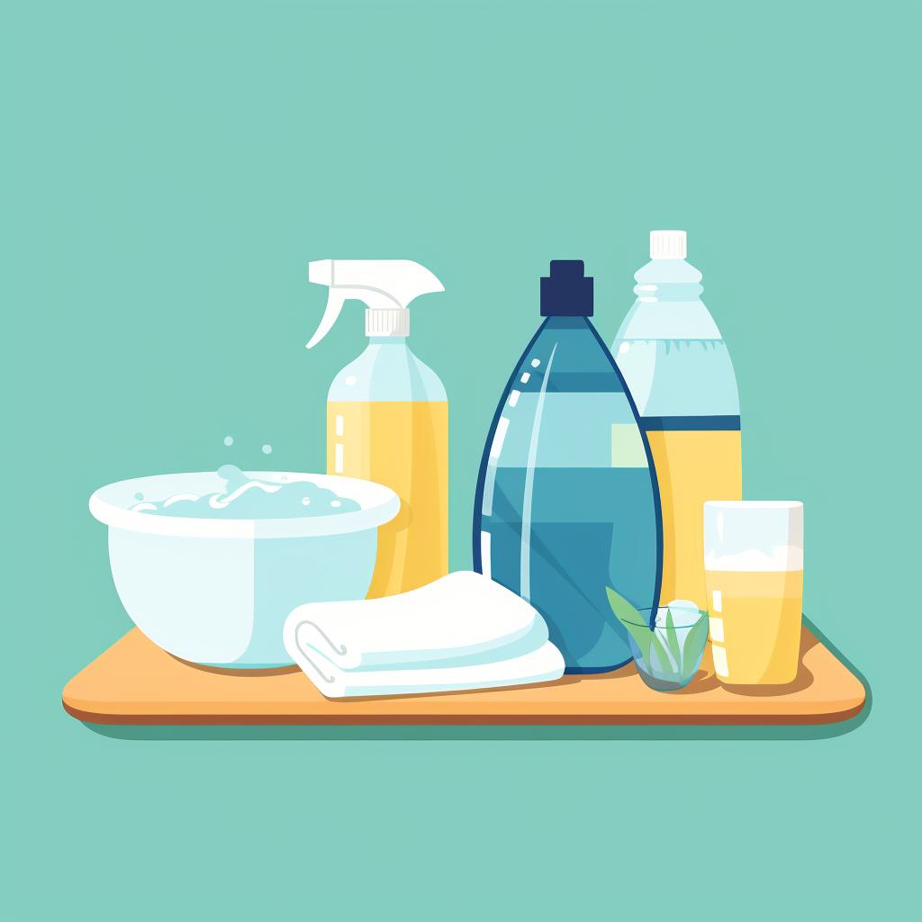 Cleaning supplies including a cloth, dish soap, white vinegar, and a bowl of warm water.