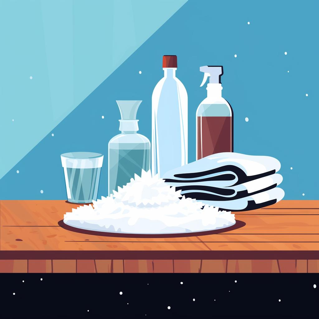 A display of cold water, clean cloth, salt, hydrogen peroxide, and a spray bottle on a table.