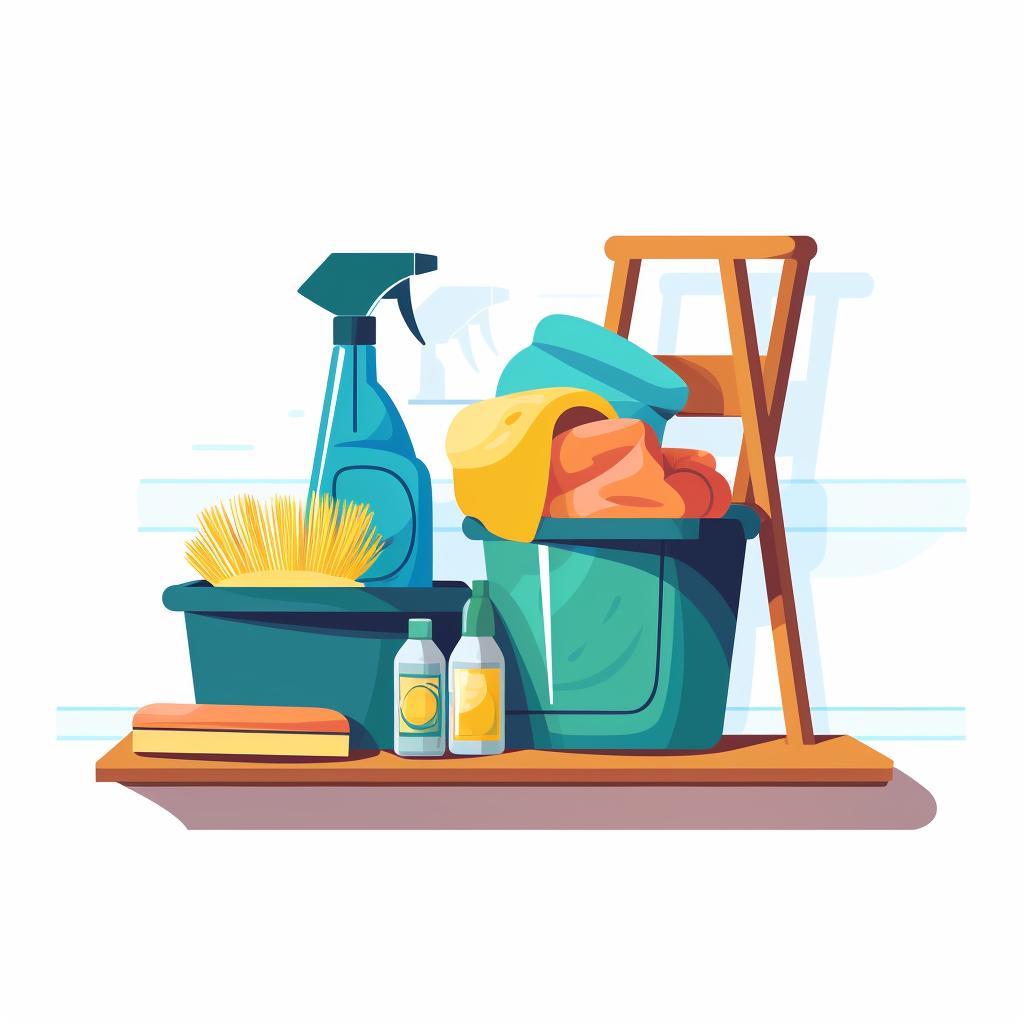 Cleaning supplies including a microfiber cloth, dusting spray, and a step stool