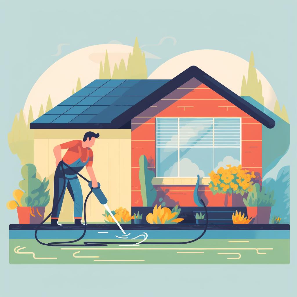 A person rinsing a house exterior with a garden hose