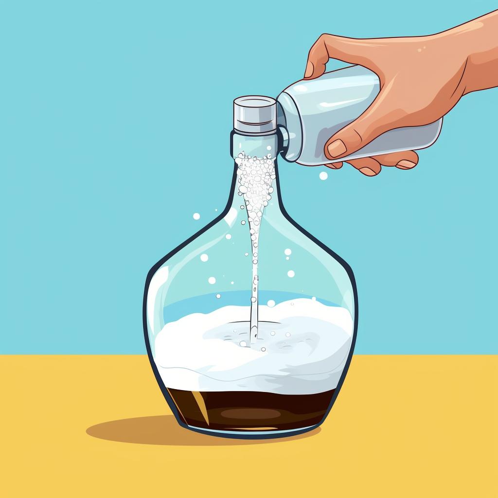 Hand pouring vinegar and baking soda mixture into a spray bottle