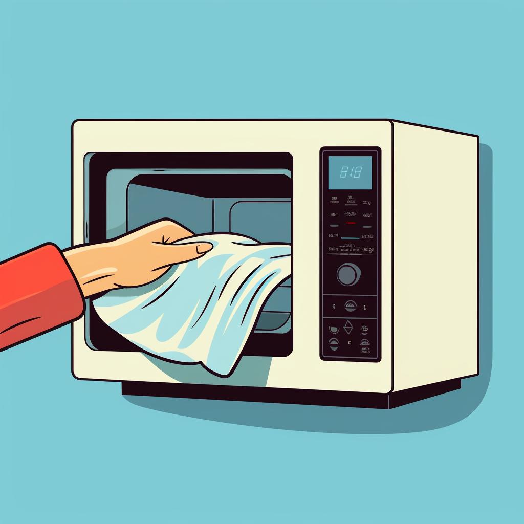 A person drying the interior of a microwave with a dry cloth