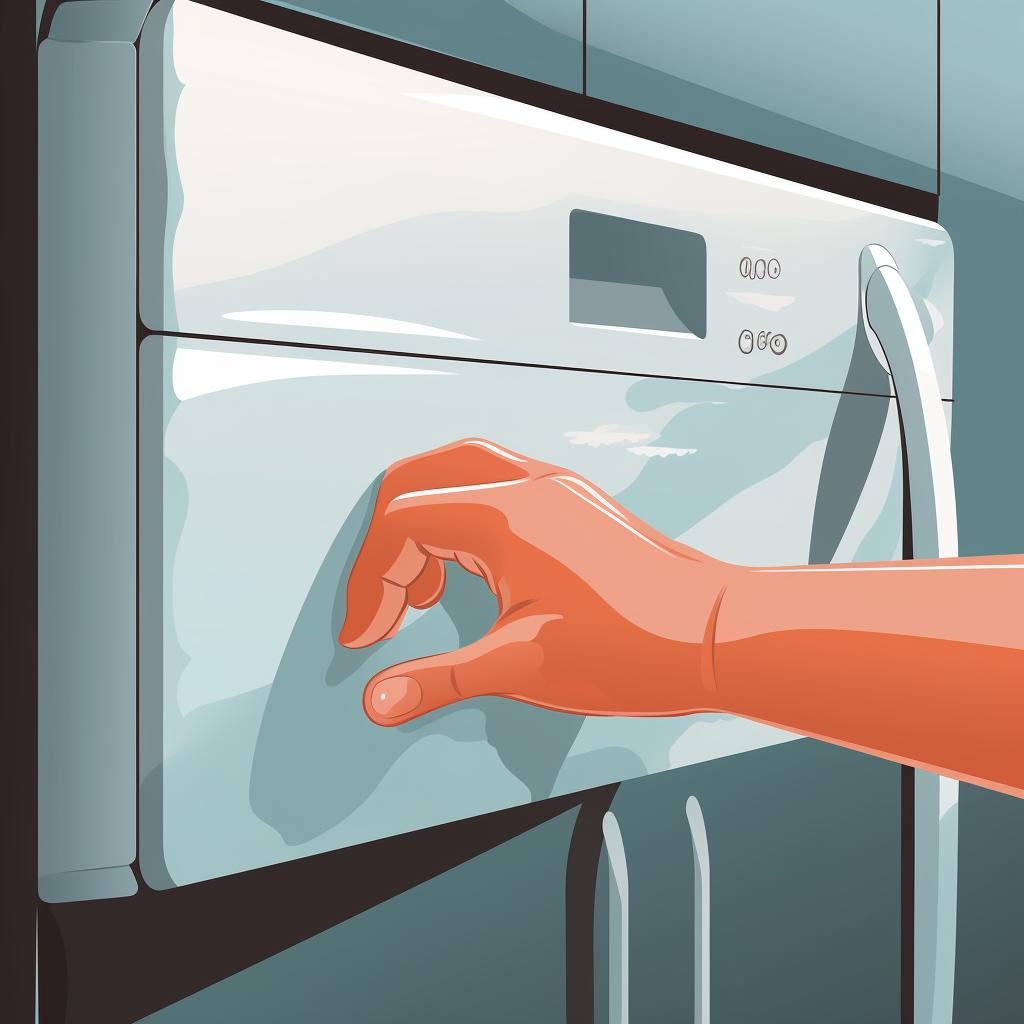 A hand using a cloth to apply the baking soda paste to a stainless steel refrigerator.
