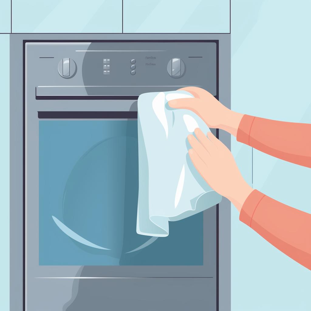 A hand using a microfiber cloth to dry a stainless steel refrigerator.