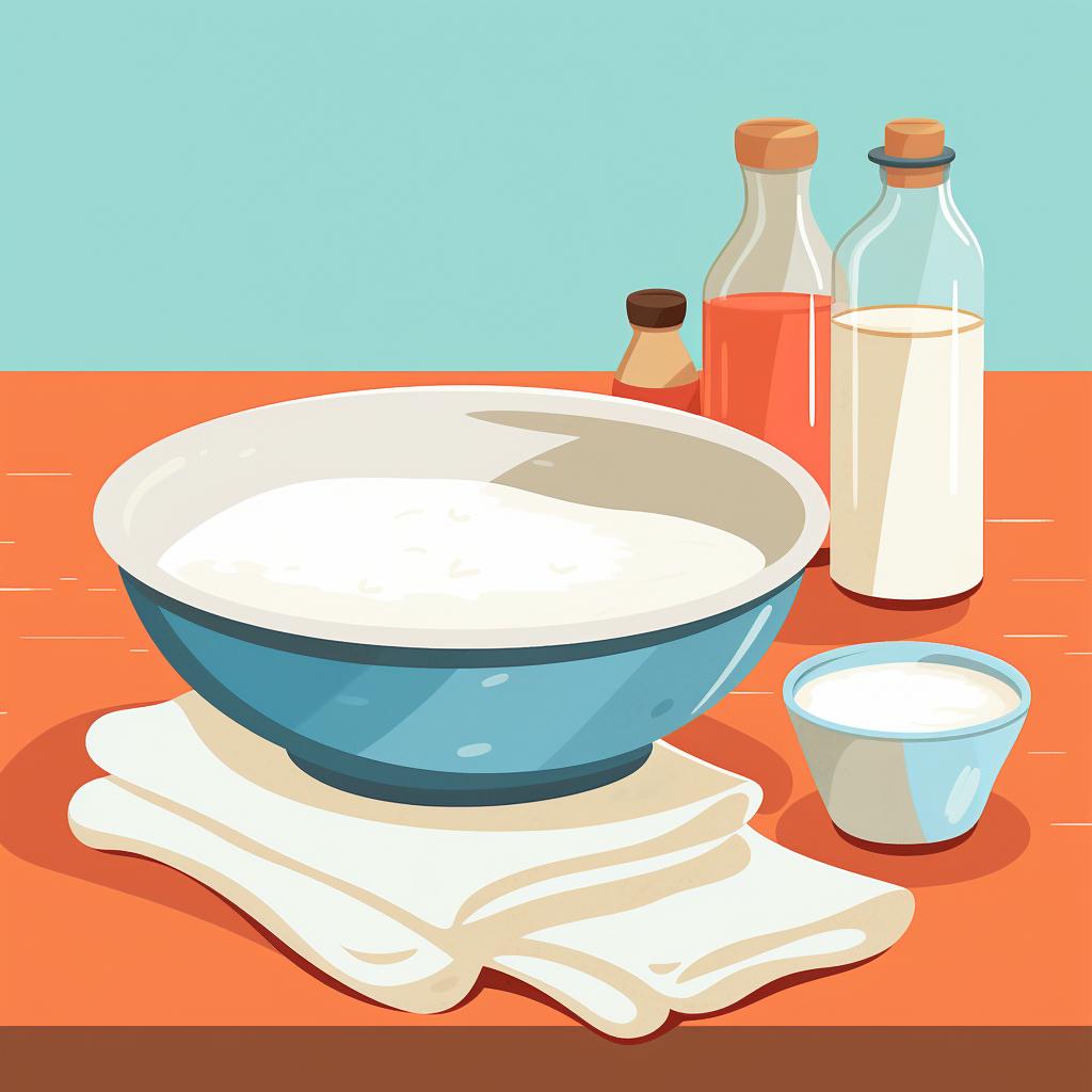 A bowl of baking soda, a bowl of warm water, a soft cloth, and a microfiber cloth on a kitchen counter.