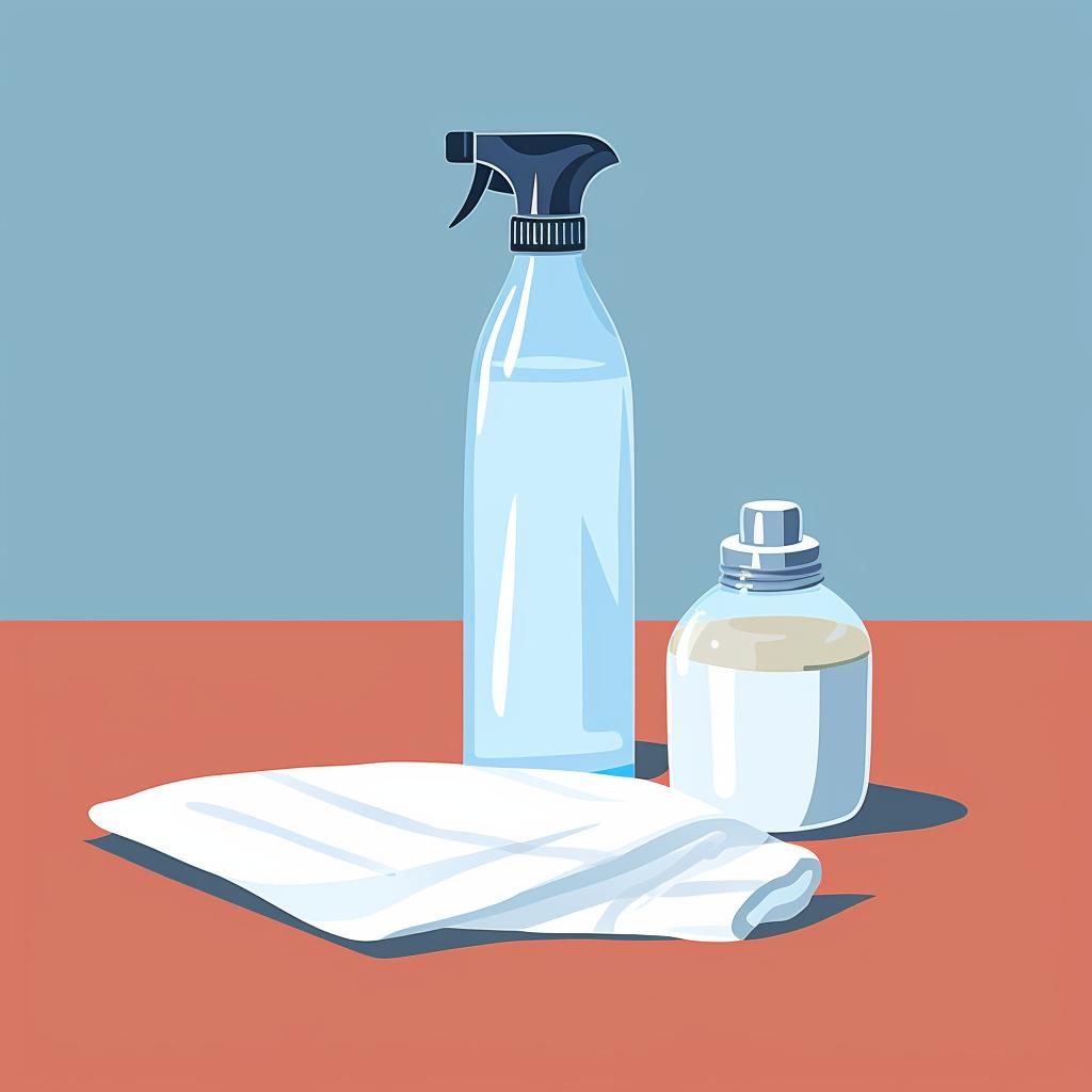 A spray bottle, bottle of white vinegar, microfiber cloth, and a bottle of mineral oil on a kitchen counter.