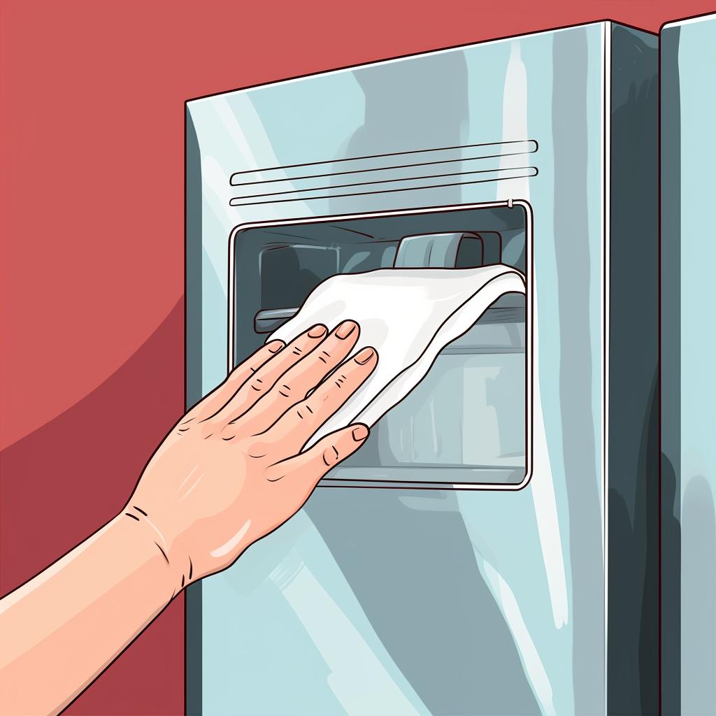A hand using a damp cloth to wipe baking soda paste off a stainless steel refrigerator.